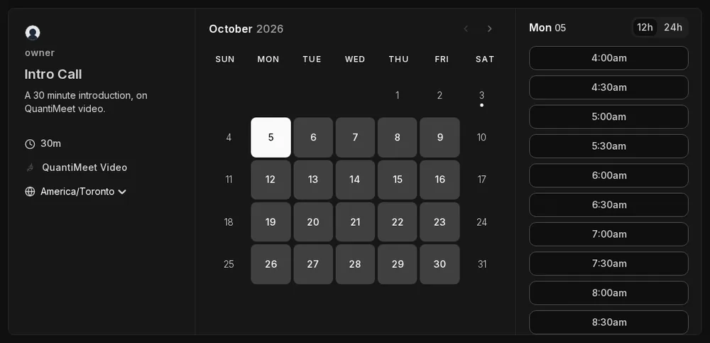 QuantiMeet public booking page on desktop for a visitor in the America/Toronto time zone, showing an October calendar and slots from 4:00am