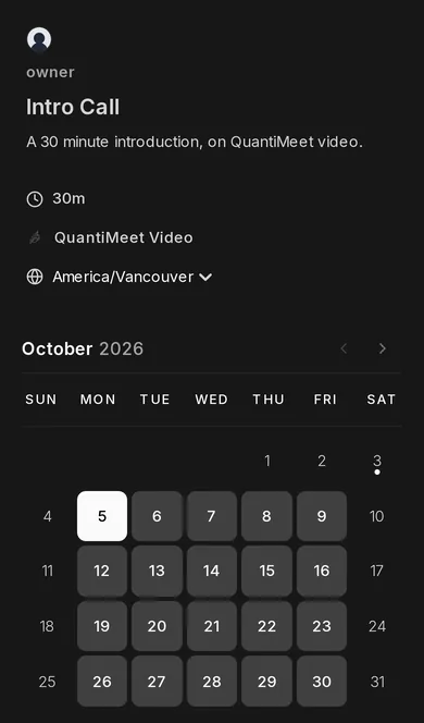 QuantiMeet booking page on a phone-width screen, showing the event details, detected America/Vancouver time zone and the October calendar
