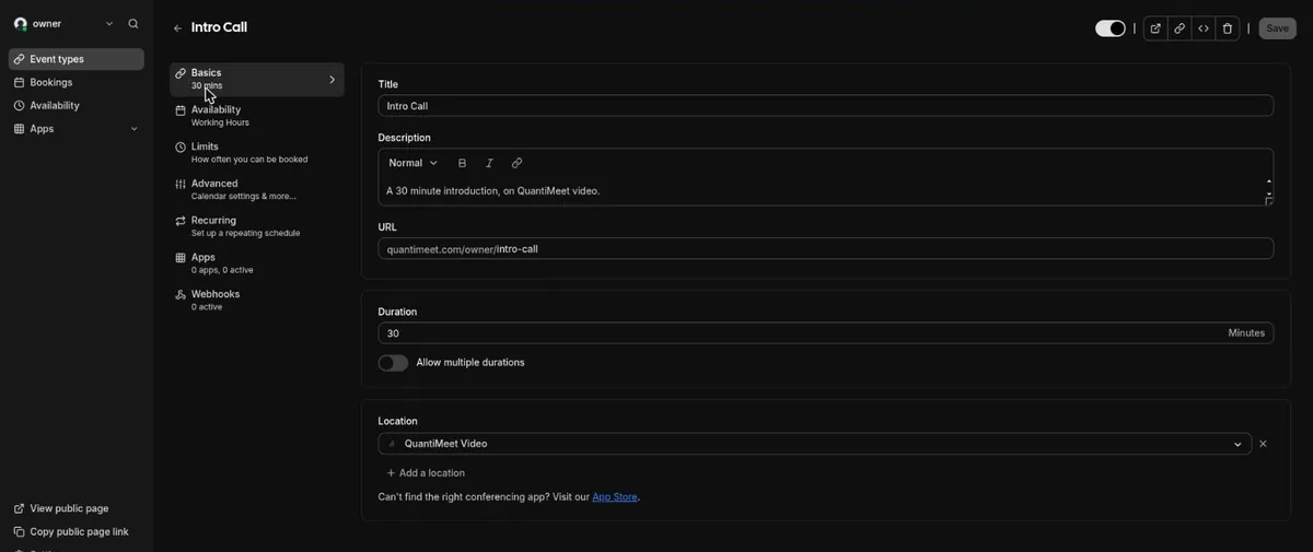QuantiMeet event type editor with title, description, URL, duration and QuantiMeet Video as the location, and tabs for availability, limits, advanced, recurring, apps and webhooks