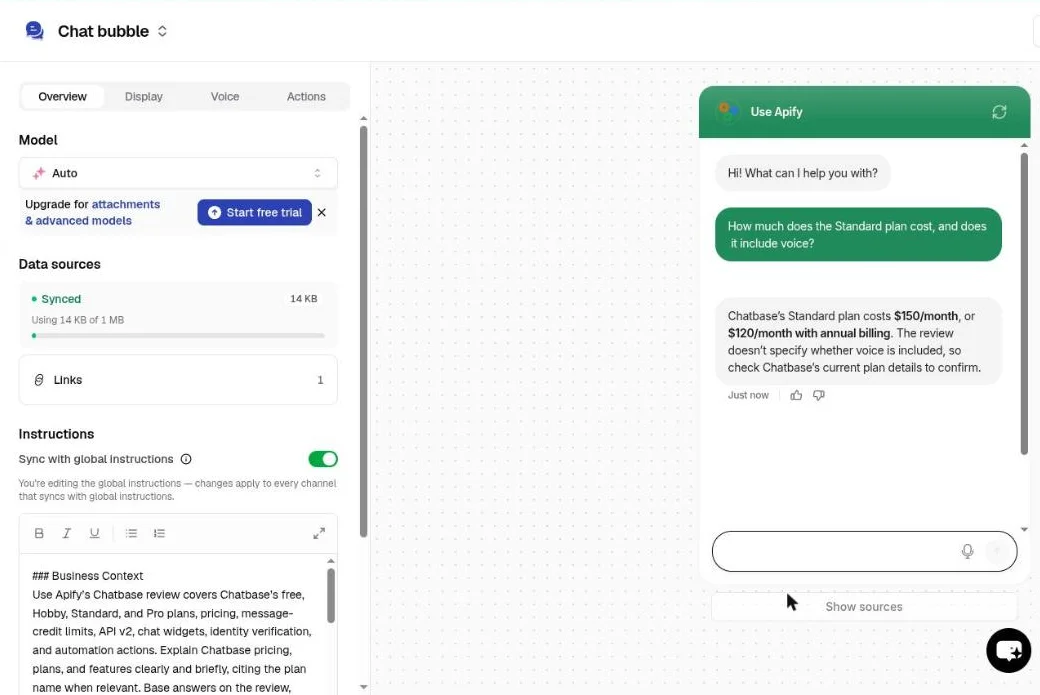 Chatbase Playground showing the model selector, synced data sources, the instructions editor and a test chat